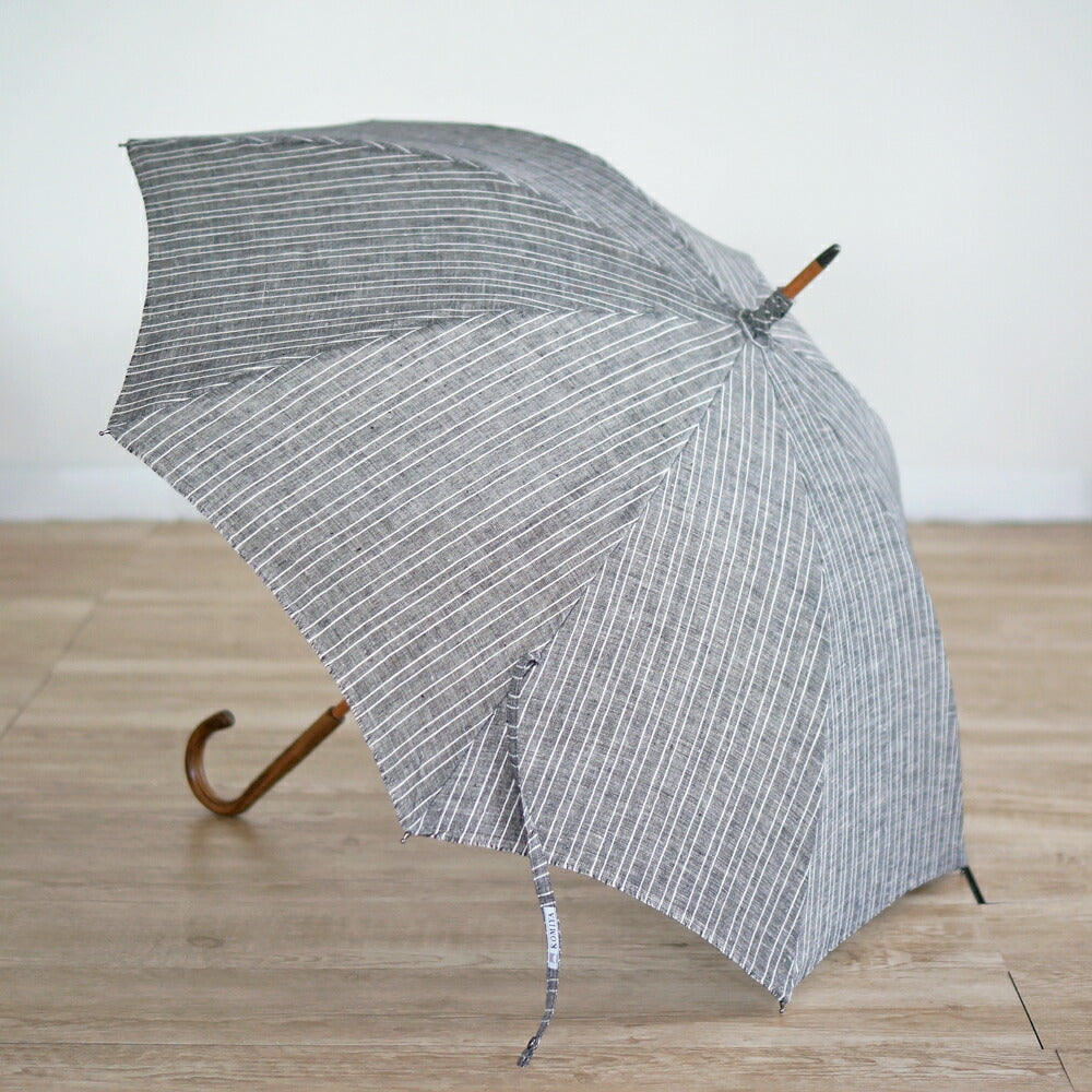 長傘 メンズ 日傘 天然繊維の日傘 木製シャフト 小宮商店 Natural Linen ブラックストライプ